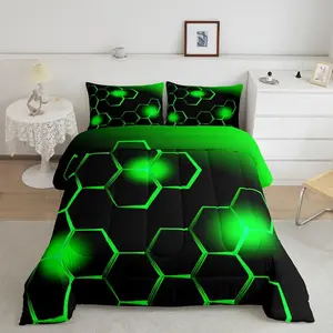 Green and Black Luxury Bedding Set,Honeycomb Designer Comforter Set,Decor Geometrical Comforter,Microfiber Beehive Geometric Microfiber Duvet Set