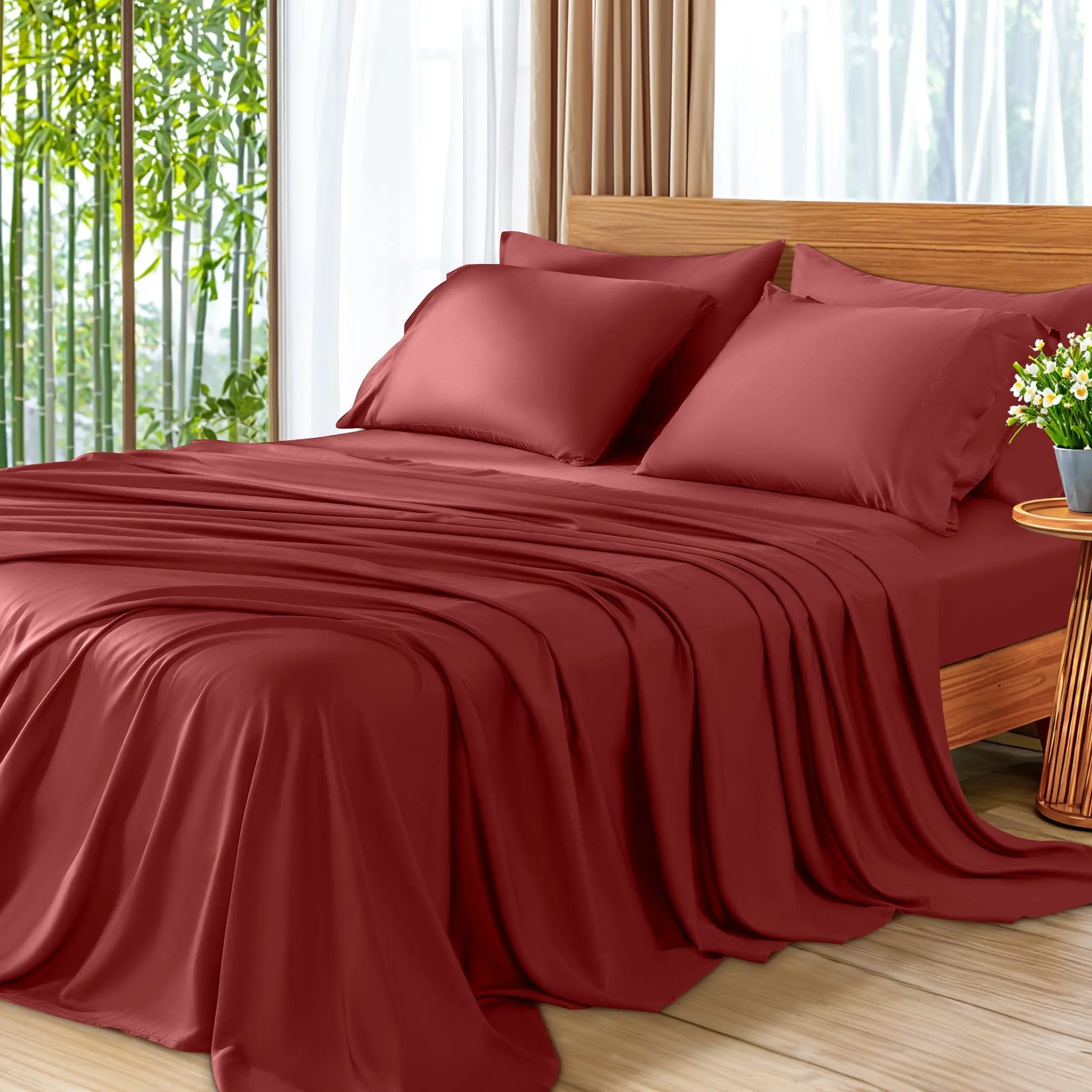 SONORO KATE 6 Pieces Bamboo Bed Sheets Set, Luxury Rayon Derived - Deep Pockets - Wrinkle Free - Extremely Soft, King, Burgundy