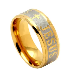 Cross Engraved Wedding Band Ring for Women or Men by Ginger Lyne Gold Plated Stainless Steel