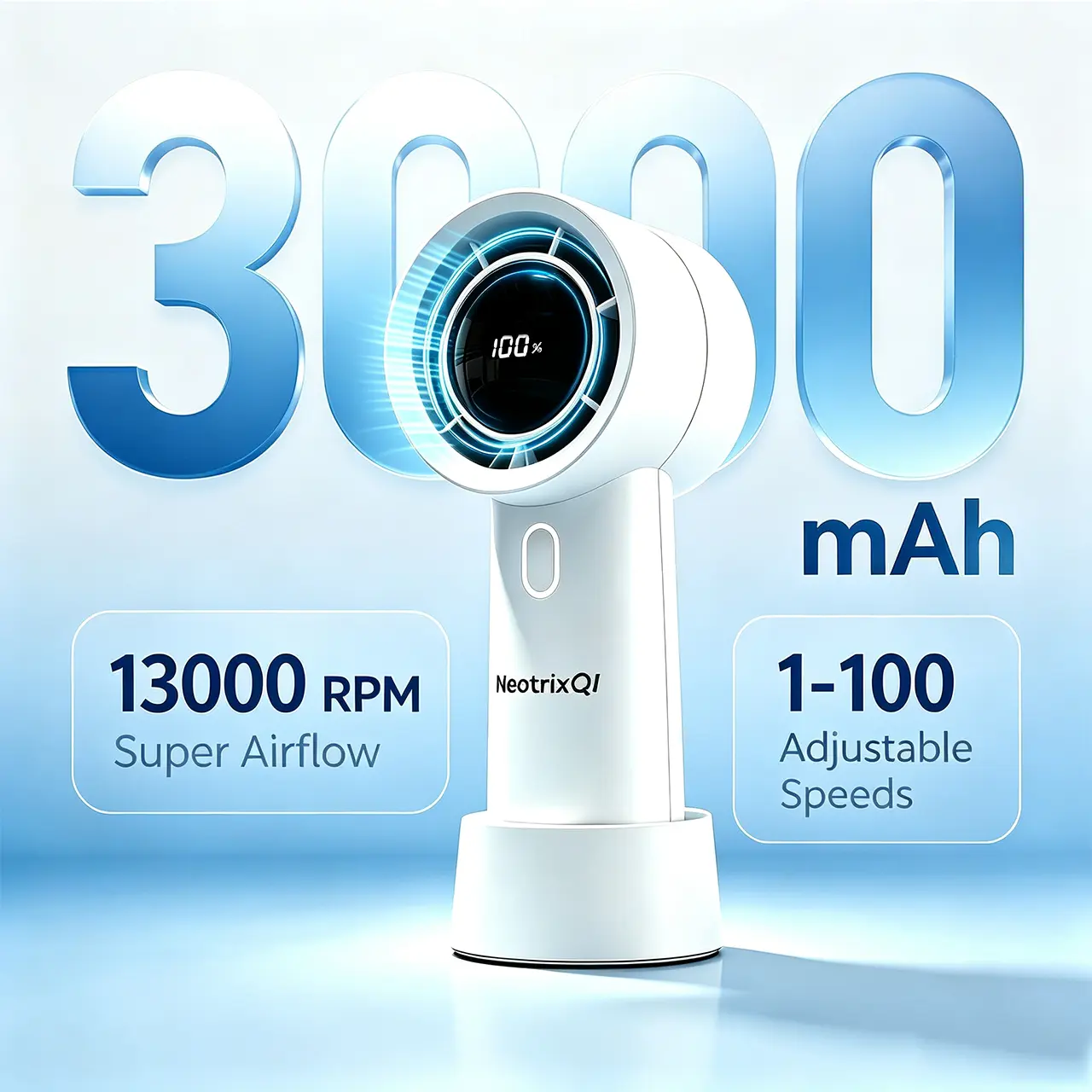Fan that blows cold air,Mini portable handheld fan, 5-speed airflow, 3000mAh large-capacity battery, up to 9 hours of runtime, turbocharging technology, warranty included, digital battery display, ideal for makeup, travel, camping, and outdoor activities.