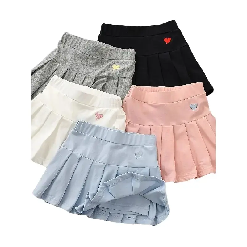 Girls' Multi-Size High-Stretch Polyester Elastane Pleated Skirt 2-Piece Set with Built-in Safety Shorts, Pink+White Heart Print, for 11-12y/13-14y Student Casual Sportswear, Girlset, Casual Wear, Polyester Blend, Built-In Shorts, Child Size Skirts, Mini W