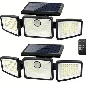 Solar Motion Sensor LED Flood Light 2-Pack 3-Head Super Bright IP65 Waterproof Outdoor Security Lights with Remote Control for Yard Garden Garage Model 1209