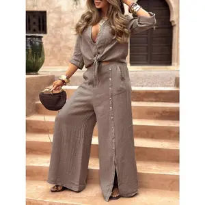 Women's Two-Piece Cotton-Linen Casual Set: Long-Sleeve Button-Down Cardigan and Wide-Leg Pants