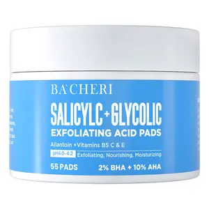 10% Glycolic Acid + 2% Salicylic Acid Peel Pads - BACHERI Resurfacing Pads For Face with Vitamins B5, C & E, Allantoin - Exfoliating Facial Peel for Dark Spots, Blackhead, Acne, 55 Pcs