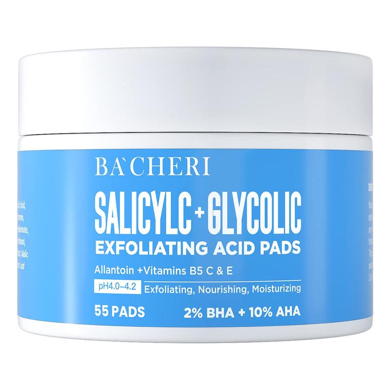 10% Glycolic Acid + 2% Salicylic Acid Peel Pads - BACHERI Resurfacing Pads For Face with Vitamins B5, C & E, Allantoin - Exfoliating Facial Peel for Dark Spots, Blackhead, Acne, 55 Pcs