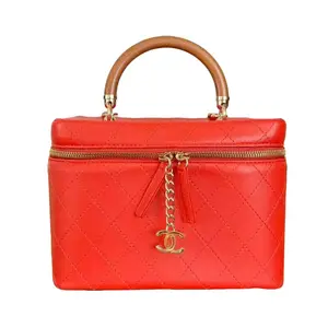 Pre-owned CHANEL Calfskin Shoulder Bags Quilted Wood Handle Case Medium Orange (26***09)