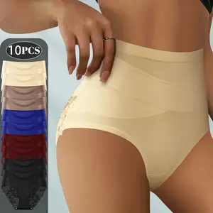 QUASTI 10 PCS Lace High Waisted Crossover Women's Underwear Breathable Soft Milk Silk Tummy Control Hip Lifting Mix Colors Sweet Panties Fit Fashion Aesthetics Briefs for Daily Wear S-XXL Clothes Fabric