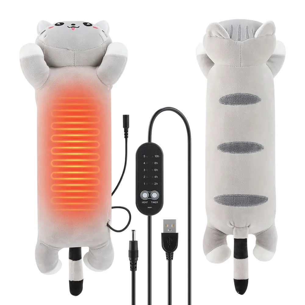 USB Powered Cat Shape Heated Plush Pillow, Adjustable Heat & Auto Shut-Off Timer, Washable Warm Heating Cushion for Menstrual Cramps, Neck, Lumbar and Body Comfort for Home Office Travel