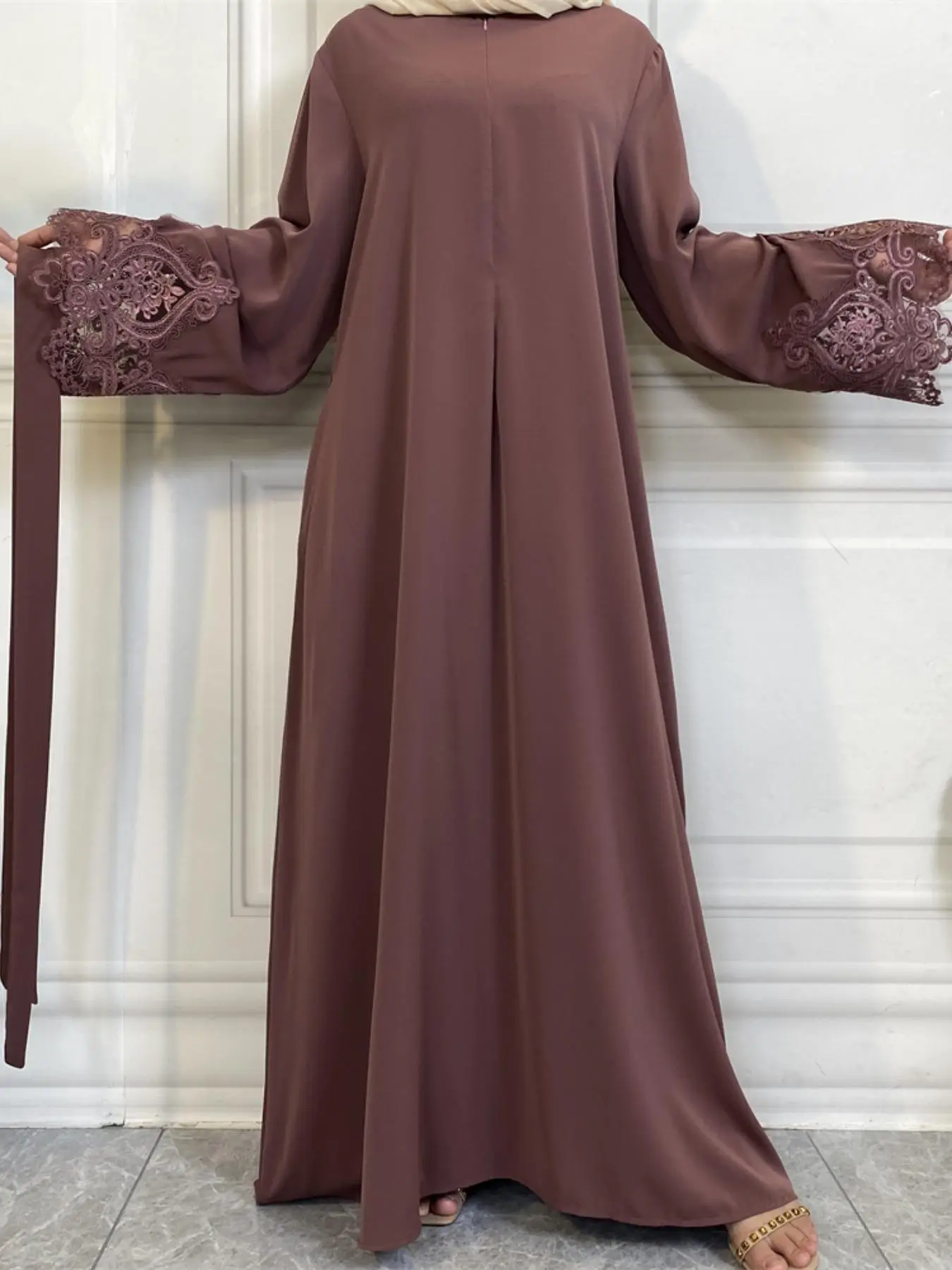 Women's Contrast Lace Belted Long Sleeve Dress, Elegant Modesty Solid Color Long Arabic Clothing, Muslim Dress for Women, Modest Dresses