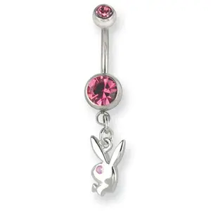 Surgical Stainless Steel Rose Pink Crystal Playboy Bunny 14g Belly Naval Ring
