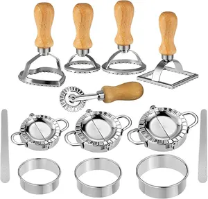 Ravioli Stamp Maker Cutter Round Shapes Mold with Wooden Handle with Dumplings Maker Sets (13 Pack)