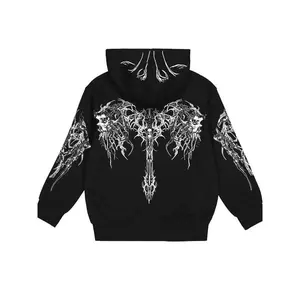 Dark Aesthetic Gothic Full Zip Hoodie for Men - Black Oversized Streetwear Sweatshirt with Skull & Thorn Graphic