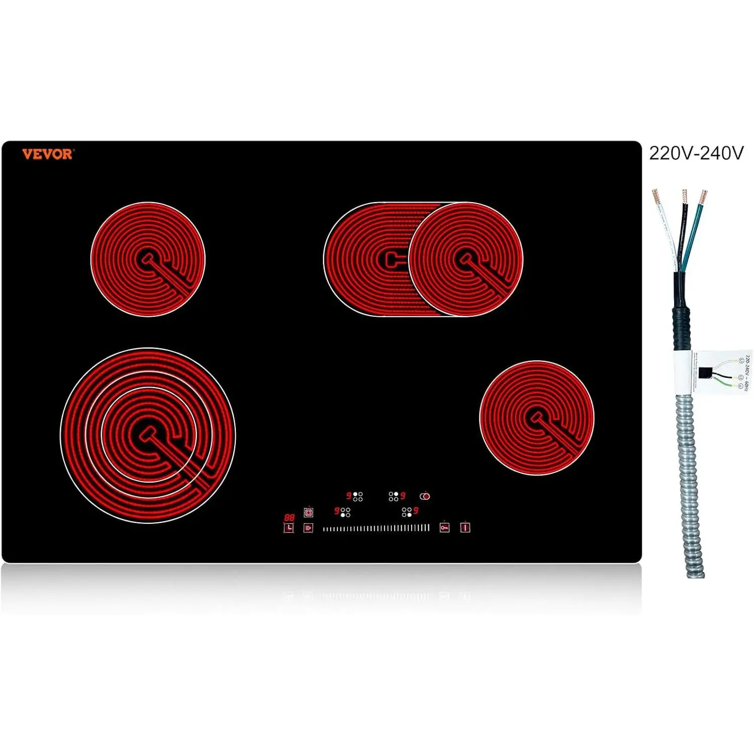 VEVOR 30-in Built-in Electric Ceramic Cooktop, 4-Burner Glass Radiant Stove Top, 220-240V Sensor Touch Control, 1-99min Timer, Child Lock, 9 Power Levels for Simmer & Fry, 29.1x19.2-inch Cutout Size, Compatible with Aluminum & Copper Pans