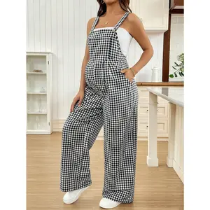 Women's plus size checkered wide leg jumpsuit, maternity clothing, spring and summer casual checkered jumpsuit, loose maternity clothing, seasonal clothing, holiday clothingRAIMENTRY