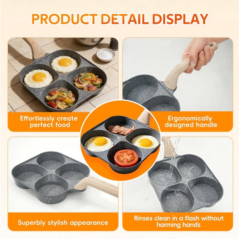 4-Hole Non-Stick Egg Frying Pan with Handle – Multi-Section Omelet & Pancake Skillet, 4-Cup Breakfast Cooker for Eggs, Burgers, Pancakes & Sausage, Compact Induction Compatible Nonstick Kitchen Pan