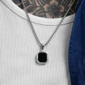 Casual Black Square Necklaces for Men,Waterproof Stainless Steel Geometric Pendant Necklace,Minimalist Collar Jewelry Gift