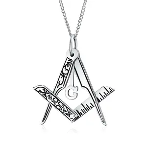 Masonic Freemason Compass Pendant Necklace in Oxidized Sterling Silver Chain