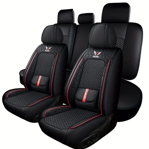 5 Seat Breathable luxury Nappa Leather + Car Seat Cover 4 Season Use Front Back Rear Cushion Full Wrapped Protector Universal Fit for 95% Cars SUV Truck