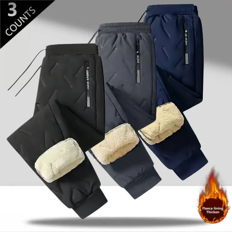 Men’s 3-Pack Sherpa-Lined Winter Joggers – Wind-Resistant, Zipper Pockets, Drawstring Waist, Ribbed Cuffs, Cozy & Warm