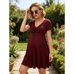 Summer casual red maternity dress, versatile and comfortable sports maternity short dress