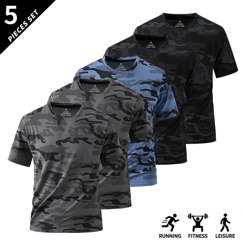 Pack of 5 short-sleeve tops, available in multiple colors. Breathable and casual, suitable for fitness and sports. Designed for teenage boys/male students. Crew neck with a camouflage print pattern that has stretch. Ideal for outdoor everyday wear.