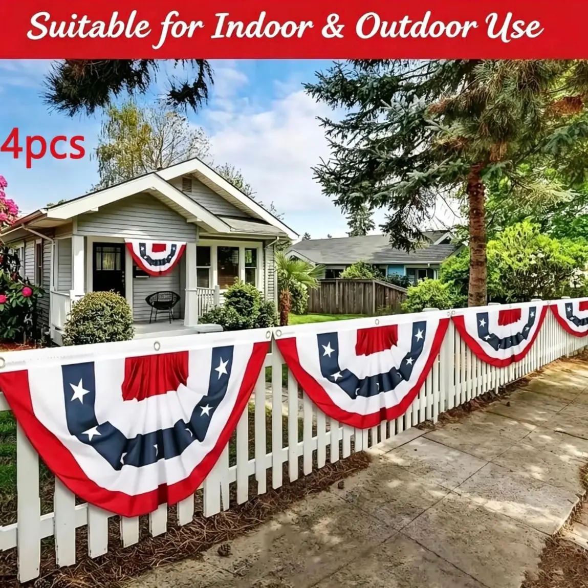 4pcs Patriotic Bunting Flag 2026 Independence Day Decor Semicircle Pleated Fan Flag Waterproof Fade Resistant Porch Fence Yard Outdoor Decoration