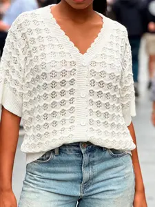 Women's Summer Boho Bohemian Style V-Neck Loose-Fitting Short Sleeve Pullover Top, Casual Plain Design, Perfect for Vacation Wear, Womenswear, Elegance