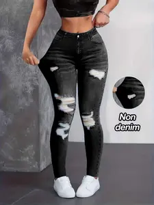 Women's Printed Skinny Jeans, Casual Fake Denim Style, Elastic Stretchy Material, All-Season Wear, Versatile Design
