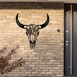 Western Metal Wall Art Decor, Iron Long Horn Bull Head Sign with Cactus Design, Unique Home Bar Cave Decoration Gift