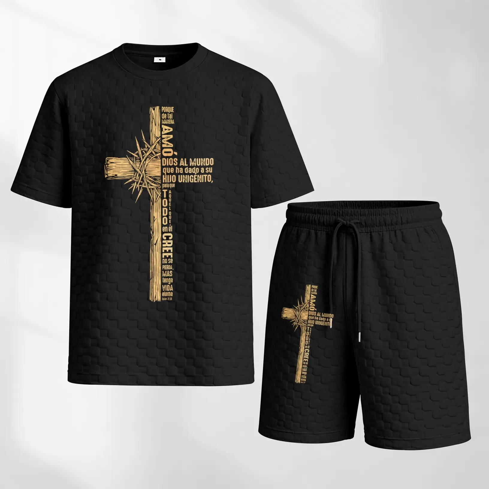 Men's 2-Piece Menswear Set - Shortleeve Faith Cross Print T-Shirt & Shorts, Loose-Fitting Waffle Knit Polyester Fabric, Breathable Mensfashion Clothes for Gym, Baggy Oversized