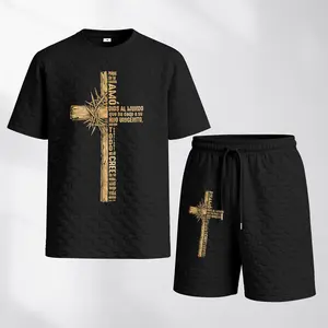 Men's Christian Cross 2 Piece Outfit Jesus Faith Graphic T Shirt and Shorts Set Religious Streetwear Summer Casual Athletic Tracksuit Breathable Textured Fabric Elastic Waist Shorts Christian Gift for Men Gym Lounge Street Style