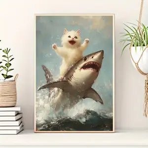 1 Piece Wooden Frame Canvas Art - Humorous Bathroom Cat Riding Shark, Fun Poster for Living Room, Bedroom, Office, Restaurant, and Bar Wall Decoration, Perfect Gift and Modern Home Decor, Shark Decoration