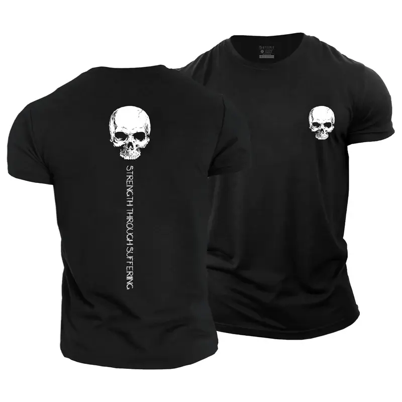 Men's Short-Sleeve Round Neck Graphic T-Shirt - Black Minimalist Gothic "Strength Through Suffering" Print, Front & Back Skull Motivational Streetwear Sports Top for Everyday Outfits, Shortsleeve, Graphic T Shirts, Crew Neck, Menswear, Men's T Shirts