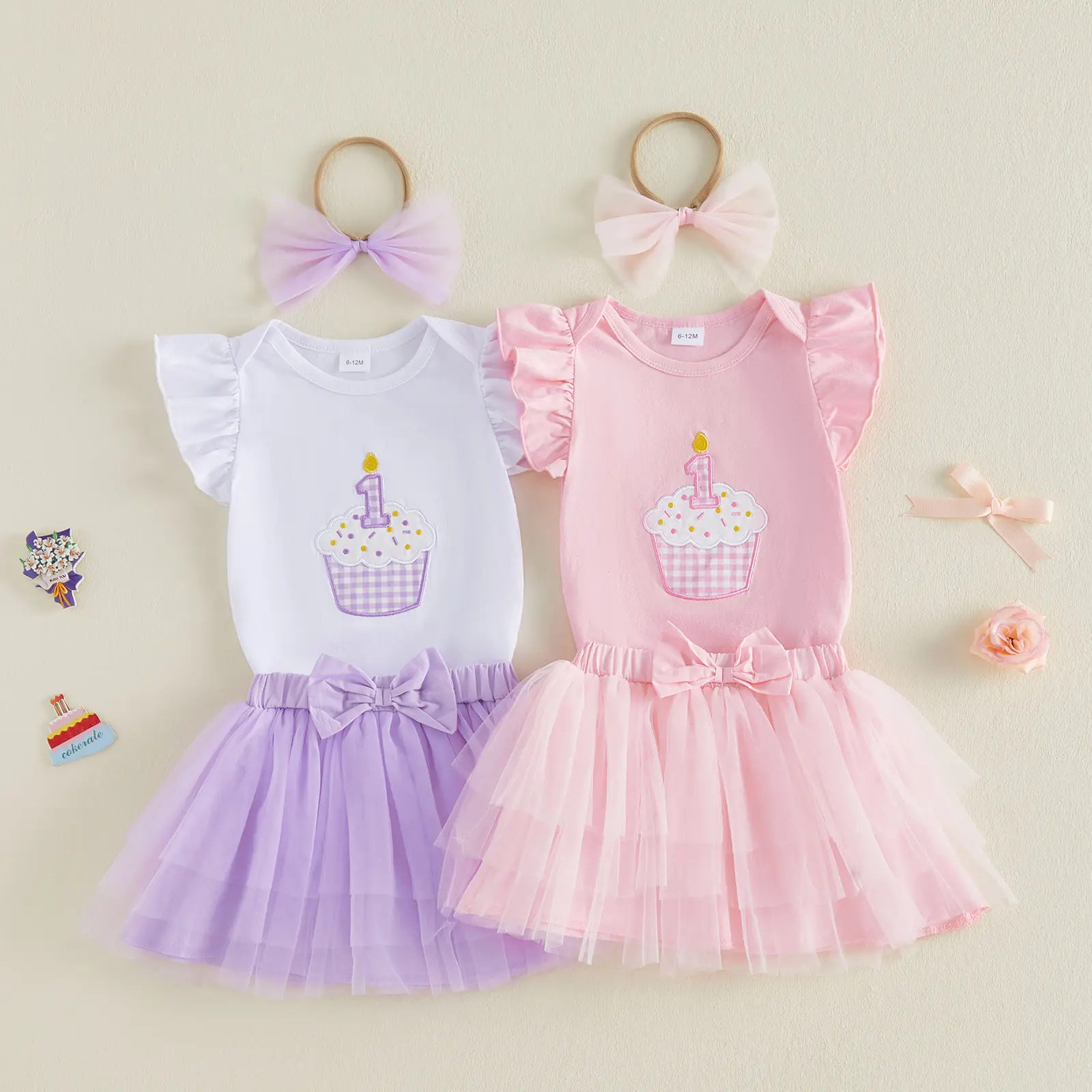 Meihuida Infant Baby Girl First Birthday Outfit 1 Cake Short Sleeve Romper Bodysuit Mesh Tutu Skirt Headband Set