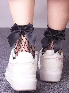 1 pair Women's Butterfly Knot Short Tube Net Socks, Hollow Out Mesh Design, Trendy Daily Wear, Perfect for Casual, Fashionable and Stylish