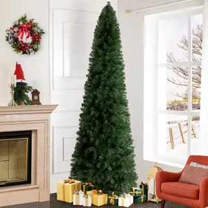 Slim Prelit Artificial Christmas Tree – 1102 Branch Tips, 350 Warm Lights, and Metal Stand, 34" Wide Realistic Pencil Christmas Tree with Lights.