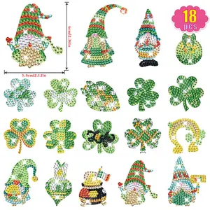 18pcs Diamond Painting DIY Handmade Puzzle Cartoon Shamrock St Patrick's Day Crystal Round Drill Mosaic Stick Gift Set