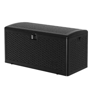 73 Gallon Outdoor Storage Box - Lockable Waterproof & UV-Resistant Deck Box for Patio Cushions, Garden Tools, Pool Accessories & Toys - Multifunctional Storage Bench - Woven Strap Design, Black
