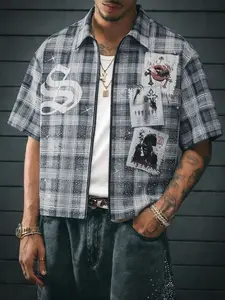 Y2K Grunge Plaid Zip-Up Shirt, Menswear | Rhinestone Patchwork Graphic Camp Collar Top | Oversized Streetwear for Men | 2026 Hypebeast Party Essential | Perfect for Skate, Hip Hop & Urban Fits