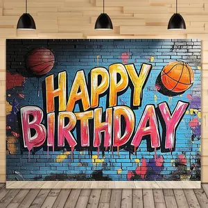 1pc 2D Flat Vibrant Basketball Happy Birthday Banner - Polyester Hanging Ornament for Party Decoration, No Electricity Needed, Ideal for Classroom, Office, General Celebrations - Available in Multi White
