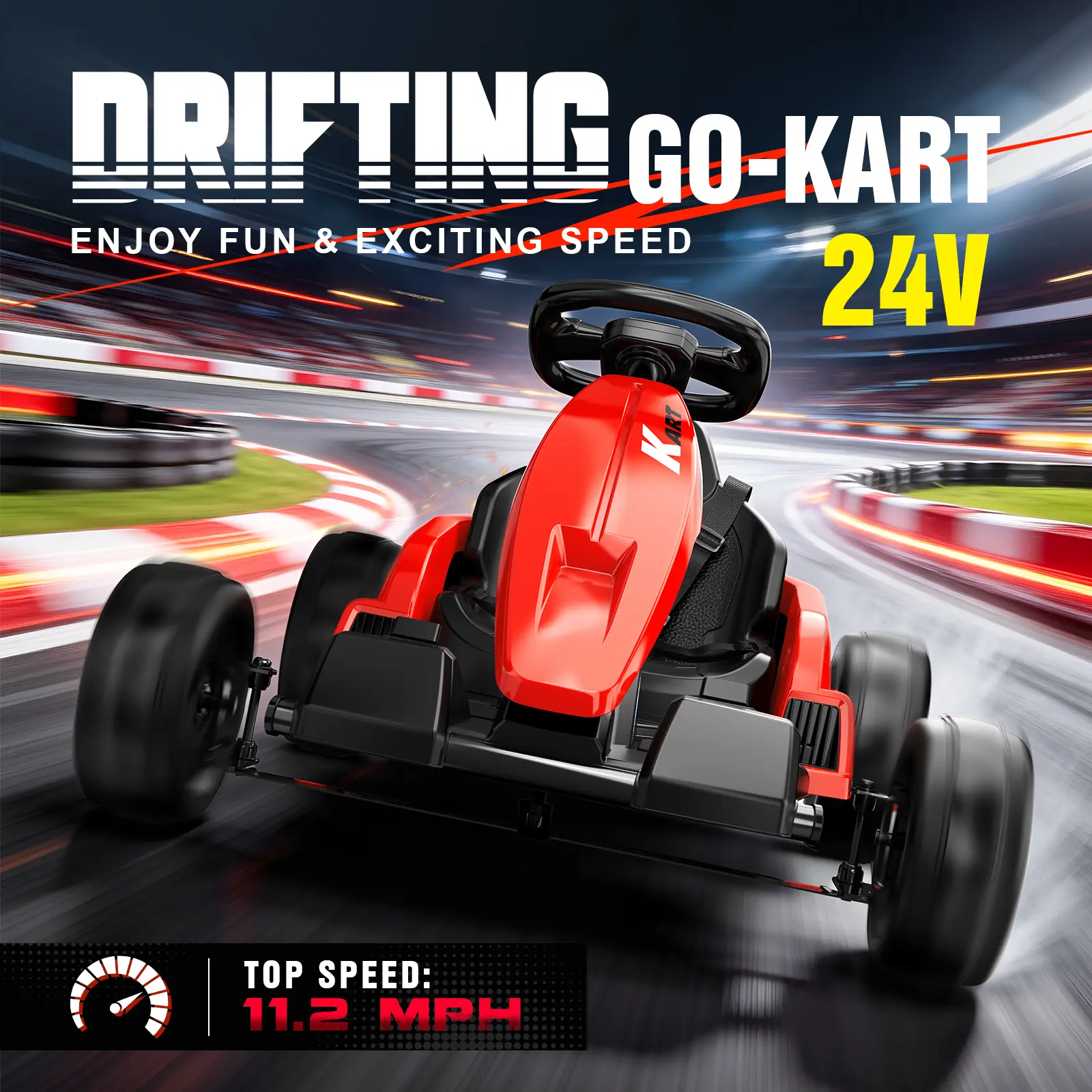 Akeleo 24V Electric Go Kart Kids Toy - Plastic & Steel Ride , Outdoor Play Drift Vehicle, 1-Button Start, Rear-Wheel Drive, Supercar Frame, 11.2 MPH & 60+ Min Ride Time, Adjustable Seat & 5-Point Seat Belt for Ages 6-12, 150 LBS Max Load，Wonderful gift
