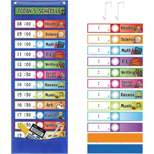 Daily Schedule Pocket Chart Kit,40 Bright Attractive Double-Sided Reusable Erasable Cards,1 Title Card,13+1 Scheduling Pocket Chart with 2 Hangers for Classroom Office Home Preschool Learning (Blue)