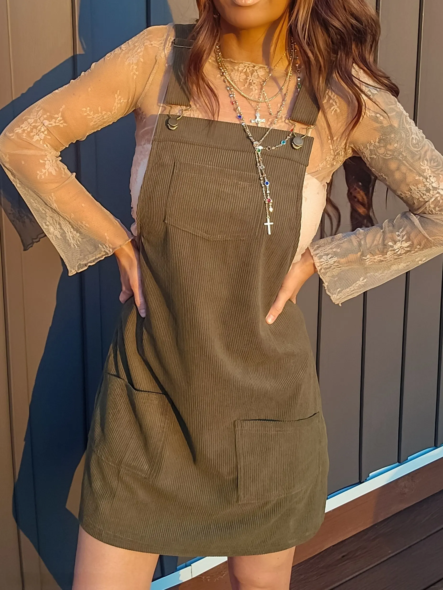 green overall dress outfit All You Can See Olive Green Denim Overalls – Shop the Mint main image 0