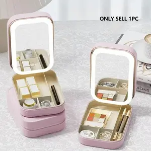 Portable Makeup Mirror Storage Box with Light, Small Bathroom Organizer, Travel-Friendly Cosmetic Holder, Home Use Vanity Case, Cosmetics Organizer Storage