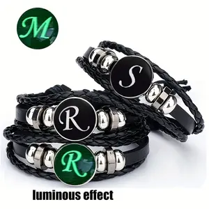 Luminous Initial Letter Charm Bracelet Vintage Cowboy Western Boho Style PU Leather Braided Initial Bracelet DIY Replaceable Button Handmade Jewelry For Women, accessory For Music Festival