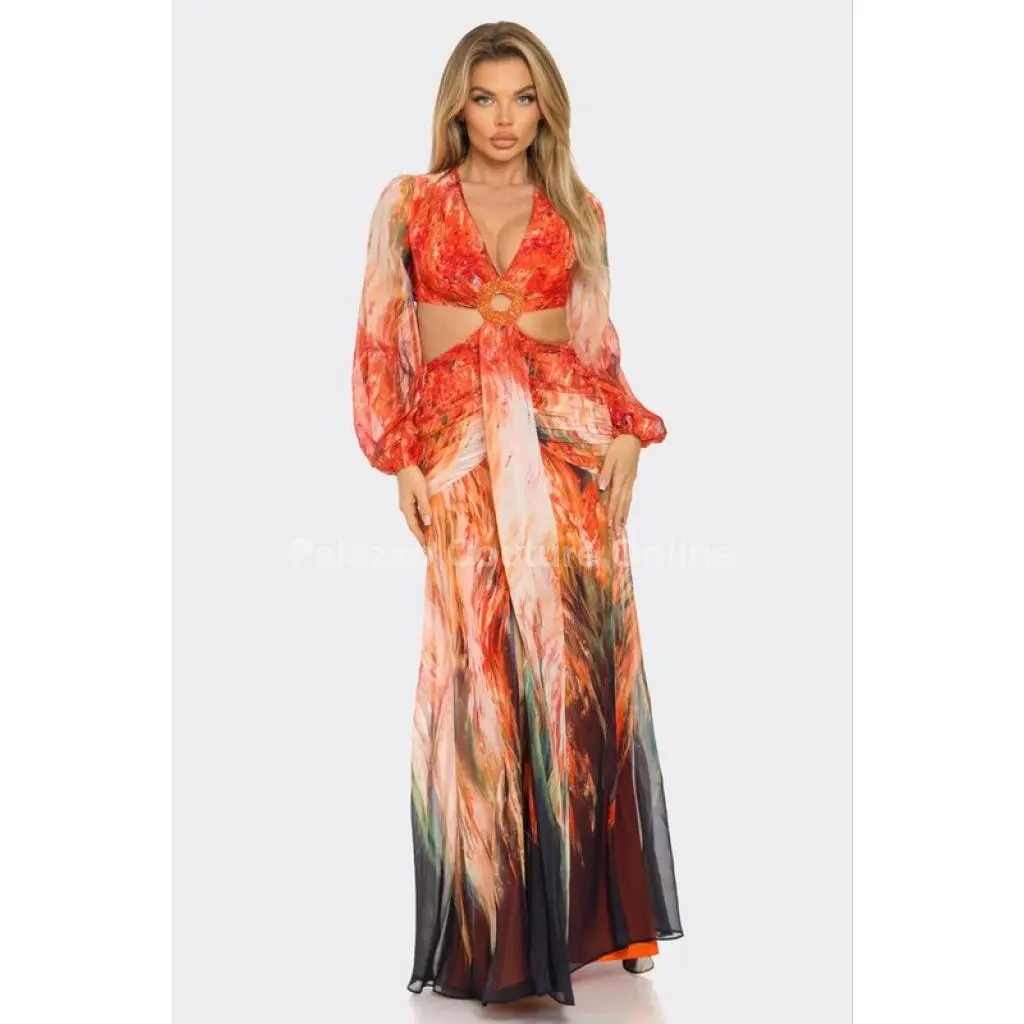 Bora Bora Chiffon Print Cut Out Maxi Dress (Orange)