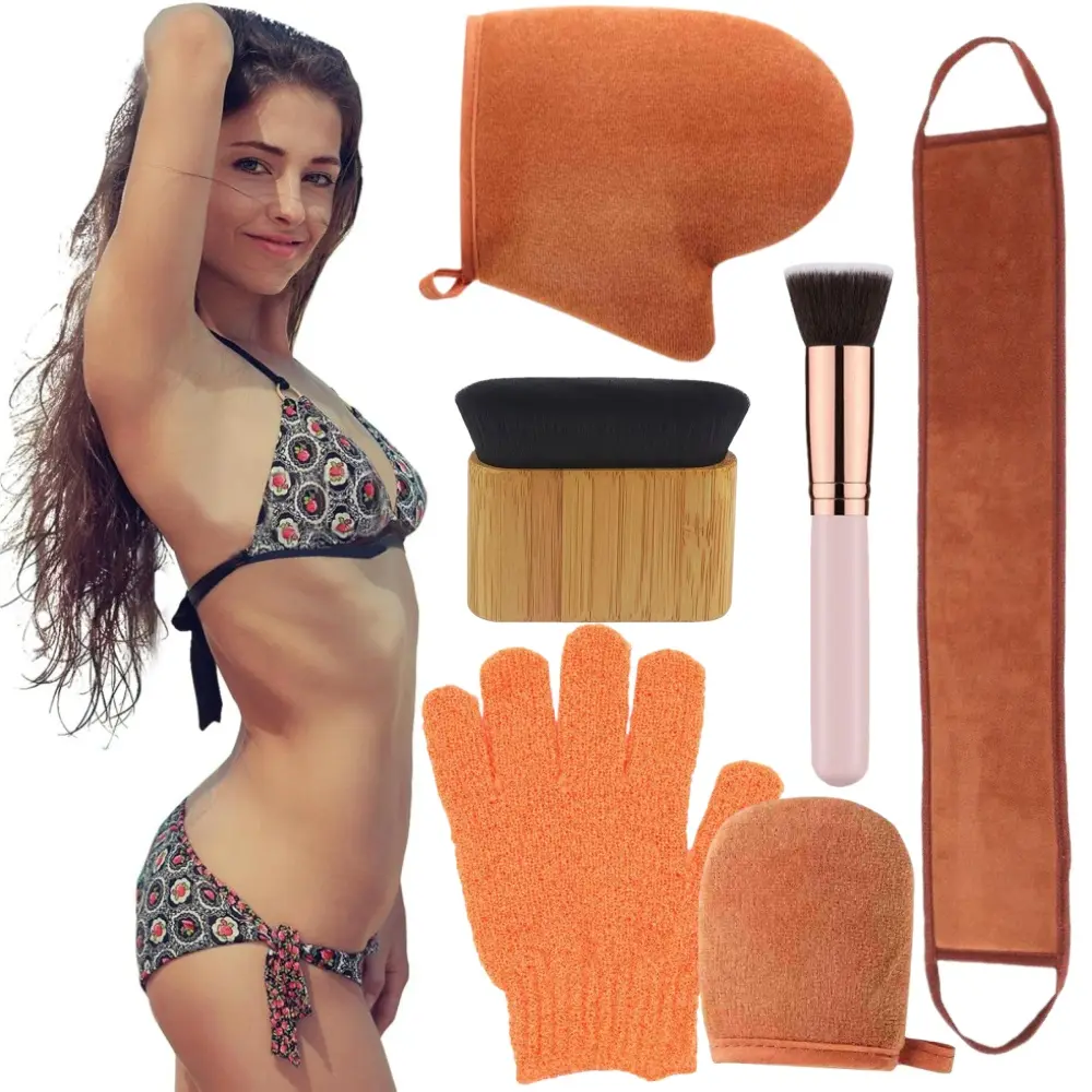 6 piece Self Tanner Mitt Applicator Kit Including Self Tanning Mitt and Brush Body Sunless Grooming Tool Self Tanner Back Applicator for Flawless Glow