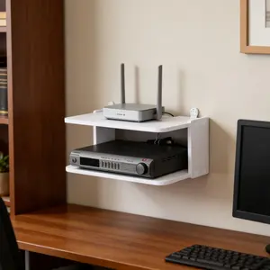 2-Tier Wall-Mounted WiFi Router Organizer with Ventilated Router Shelf, Set-Top Box and Optical Modem Storage Compartment, Featuring Open Shelves, No Assembly Required