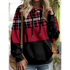 Plus Size - Plus Size Women'S Casual Crew Neck Sweater - Geometric Pattern, Long Sleeve, Medium Stretch, All-Season Pullover with Drawstring Detail, Casual Wear|Geometric Pattern Top|Stretchy Fabric Hoodie Polyester Sweatshirts Womenswear
