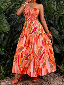 Women's Summer Casual Boho Bohemian Sleeveless Strapless All-Over Printed Dress, Fitted Design for Daily Wear, Vacation & Beach, Trendy Leaf Pattern Long Gown